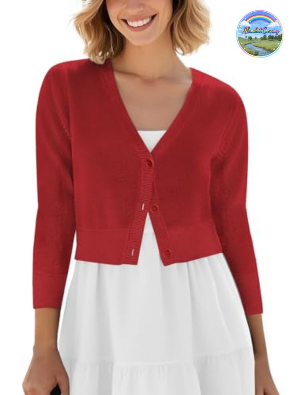 Cropped Cardigan V-Neck Button Down Knit Sweater 3/4 Sleeve Shrug